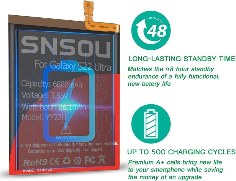 SNRONEW Galaxy S22 Ultra Battery, (2024 Upgraded) 6800mAh EB-BS908ABY Li-Polymer Battery Replacement Compatible with Galaxy S22 Ultra 5G SM-S908U with Screwdriver Tool Kit - Image 4